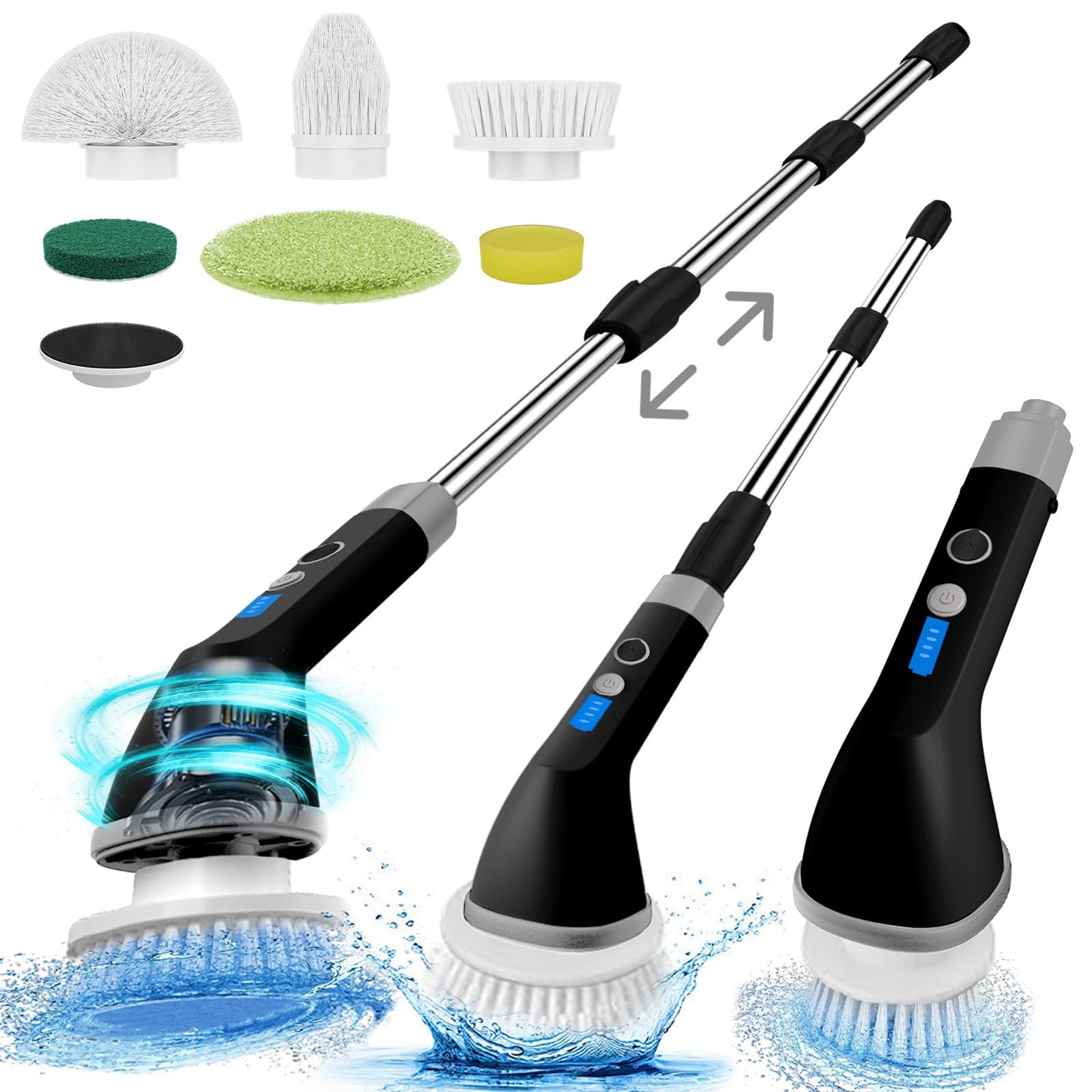 Electric Spin Scrubber Cordless Shower Cleaning Brush with 6 Replacement Brushes2-Speed Adjustable & Extension Long Handle Power Scrubber for Bathroom Car Floor Tile Electric Squeegees (Black)