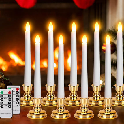 LED Flameless Flickering Taper Candles with Remote & Timer Warm Light Battery Operated Christmas Window Candle for Wedding Party Holiday Home Table Decoration (9 Packs,White+Gold Holder(A))…