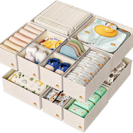 Cotton Linen Drawer Organizer for Baby Clothes, 12Pack Foldable Nursery Dresser Divider, Multi-Size Set Dresser Drawer Organizer for Nursery, Bedroom and Closet, Beige