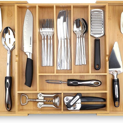 Silverware Organizer - Expandable Kitchen Drawer Organizer - Adjustable Kitchen Drawer Organizer for Utensils, Expandable to 22 Inches Wide, 10 Compartments, Silverware Tray for Drawer