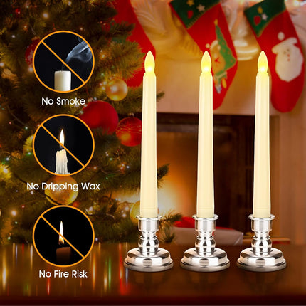 LED Flameless Taper Candles with Remote & Timer Battery Operated Flickering Warm Light Christmas Window Candle for Wedding Party Holiday Table Decoration (9 Packs,Ivory+Sliver Holder(A))…