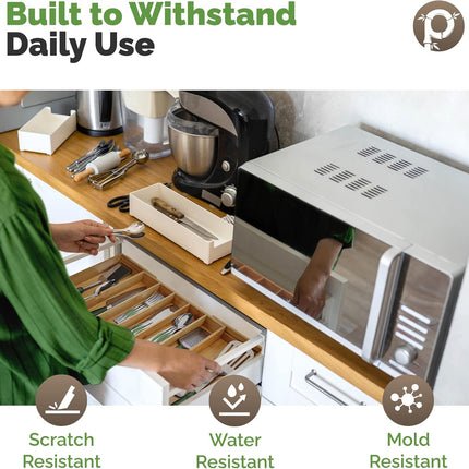Silverware Organizer - Expandable Kitchen Drawer Organizer - Adjustable Kitchen Drawer Organizer for Utensils, Expandable to 22 Inches Wide, 10 Compartments, Silverware Tray for Drawer