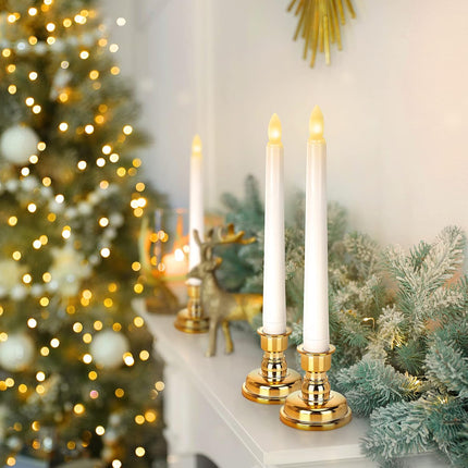LED Flameless Flickering Taper Candles with Remote & Timer Warm Light Battery Operated Christmas Window Candle for Wedding Party Holiday Home Table Decoration (9 Packs,White+Gold Holder(A))…