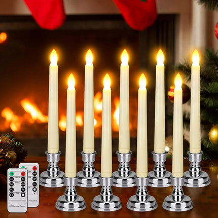LED Flameless Taper Candles with Remote & Timer Battery Operated Flickering Warm Light Christmas Window Candle for Wedding Party Holiday Table Decoration (9 Packs,Ivory+Sliver Holder(A))…