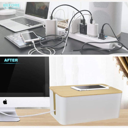 [Set of Three] Cable Management Box Organizer, Bamboo Lid Large Storage Wires Holder for Home, Office, Desk, TV, Computer - Great to Cover Hide Tidy Surge Protector & Power Strips & Cords (White)