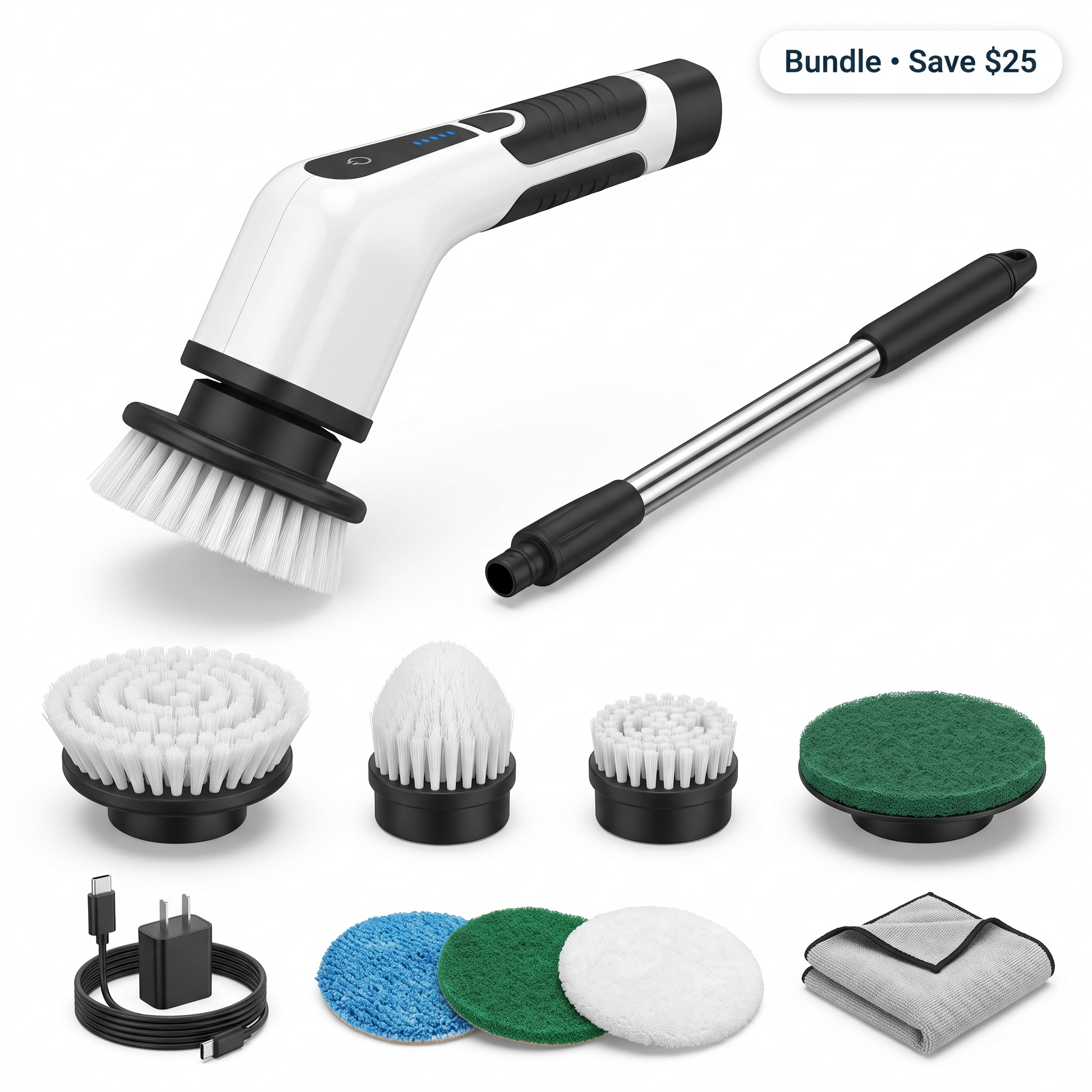 Electric Spin Scrubber Pro Cleaning Kit with brush heads, extension handle, pads, charging cable, and microfiber cloth