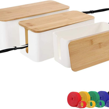 [Set of Three] Cable Management Box Organizer, Bamboo Lid Large Storage Wires Holder for Home, Office, Desk, TV, Computer - Great to Cover Hide Tidy Surge Protector & Power Strips & Cords (White)