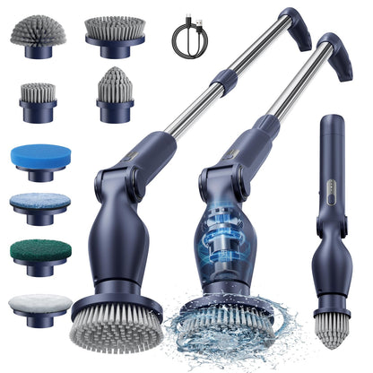 Leebein Electric Spin Scrubber Cordless Cleaning Brush with 8 Replaceable Brush Heads Adjustable Extension Handle 2 Speeds & Remote Control Power Cleaning Scrub for Bathroom Tile Car (Blue)