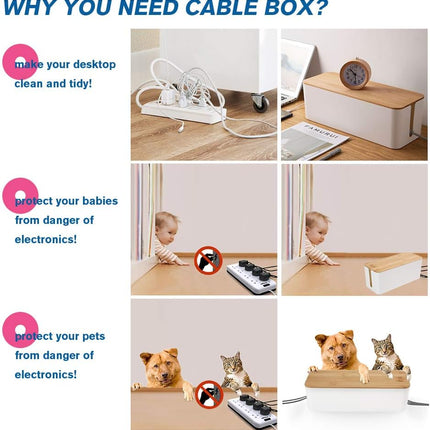 [Set of Three] Cable Management Box Organizer, Bamboo Lid Large Storage Wires Holder for Home, Office, Desk, TV, Computer - Great to Cover Hide Tidy Surge Protector & Power Strips & Cords (White)